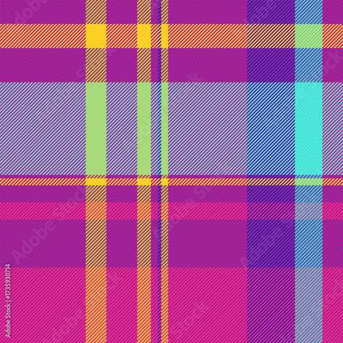 Vibrant plaid pattern in lively pink, purple, yellow, orange, and teal hues. A versatile, colorful texture perfect for backgrounds, textiles, or creative design projects.