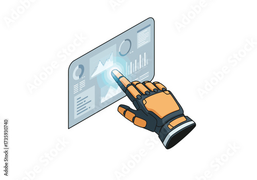 A robotic hand touching a futuristic digital interface with data charts and graphs, symbolizing AI and automation.