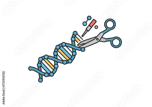 A conceptual illustration of gene editing, with scissors cutting a DNA double helix strand next to a syringe.