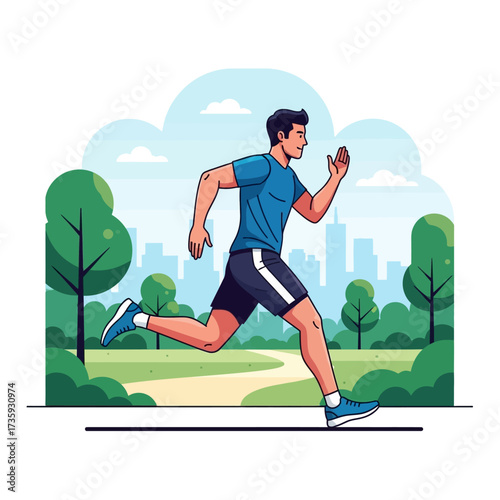 Vector illustration of an athletic man running on a path in a city park with a skyline in the background.