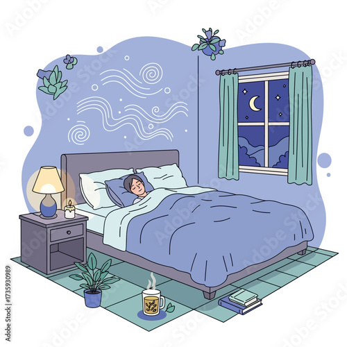 Illustration of a person sleeping peacefully in a cozy bedroom with a night sky view.