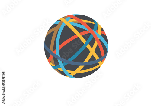 Abstract icon of a dark gray sphere entangled with colorful, intersecting bands representing a global network.