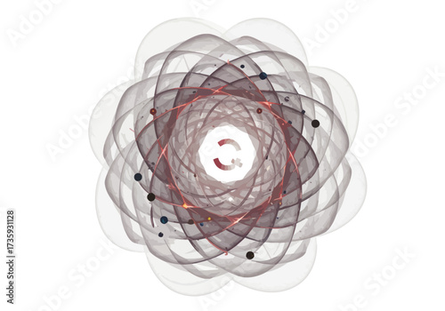 Abstract swirling rosette of transparent layers resembling an atomic model or a complex flower on a white background.