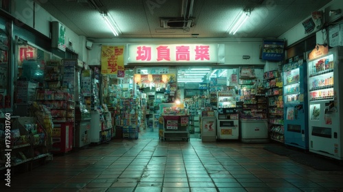 Dimly Lit Convenience Store in Japan with Vending Machines and Shelves Full