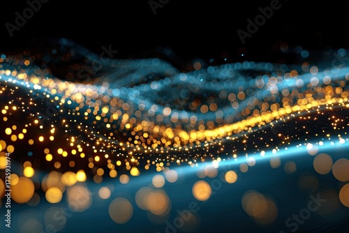 A wavy abstract design of glowing golden and teal bokeh lights against a dark background