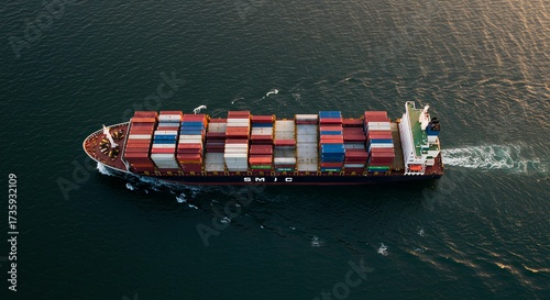 Aerial view of a large cargo container ship sailing on the open sea, transporting goods globally.