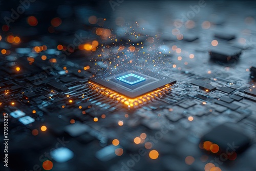 Close-up of a computer processor glowing with orange lights amidst an intricate circuit board