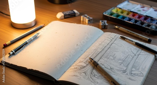Artistic workspace with open sketchbook and watercolor paints.