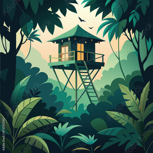 A cozy tree house in the woods, featuring a bird feeder and bird cage, attracting birds to the tranquil area.