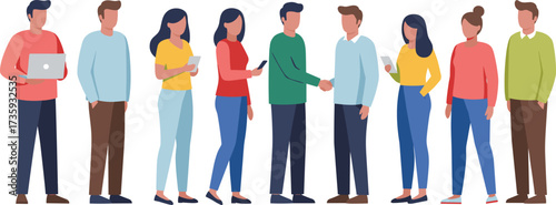 Group of people illustration, diverse individuals with smartphones and tablets, handshake agreement, modern communication, social interaction, lifestyle vector design