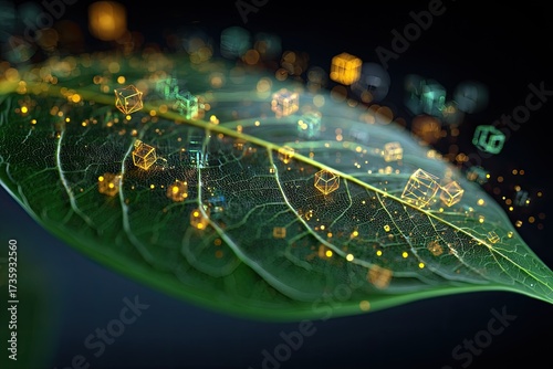 A vibrant green leaf with glowing golden and teal cubes floating across its surface