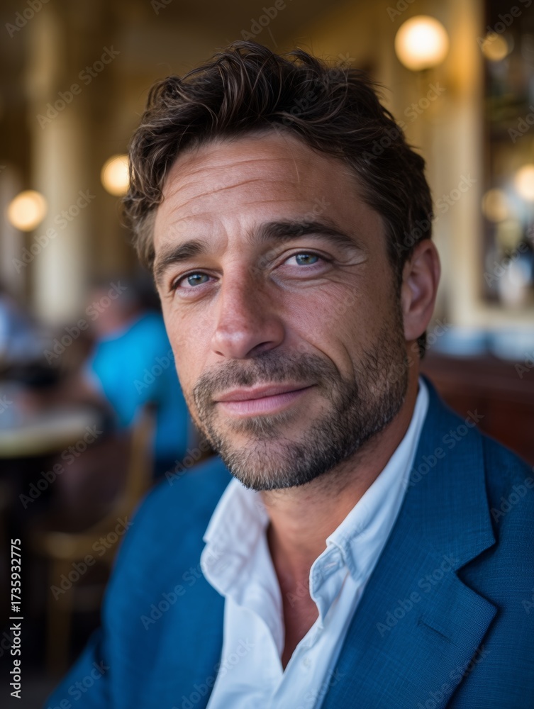 Fototapeta premium A man in a blue suit sitting at a table