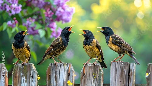 Birds on a fence, springtime scene