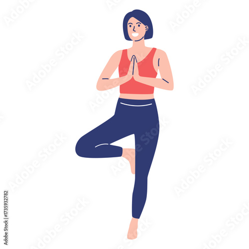 A happy young woman practicing yoga in the Tree Pose (Vrksasana), balancing on one leg with hands in a prayer position to promote wellness, mindfulness, and a healthy lifestyle