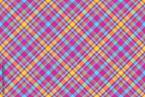 Vibrant, playful plaid pattern in bold, eyecatching colors. Ideal for backgrounds, textiles, graphic design, and adding a retro or whimsical touch.