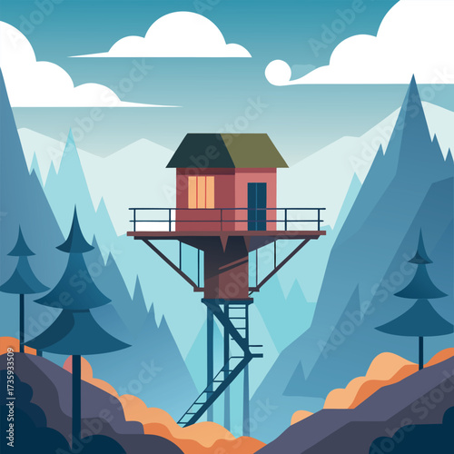 Tree house nestled in a forest, featuring a bird feeder and a bird cage nearby, surrounded by lush greenery.