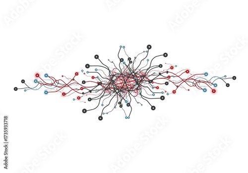 Abstract visualization of a complex, interconnected network with a central hub and flowing data streams.