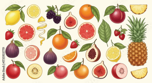Vector art of assorted vintage fruit illustration featuring pineapple, lemon, orange, and strawberry