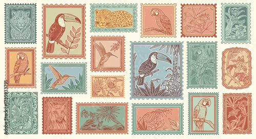 Vector art of collection of vintage postage stamps featuring tropical wildlife and plants, handdrawn style on beige background