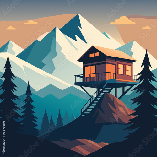 Cozy tree house among branches, with a radiant moon and scattered stars lighting up the night sky.
