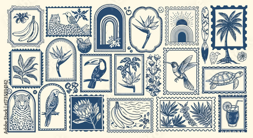 Vector art of collection of tropical postage stamp with exotic animal and plant hand drawn vector illustration