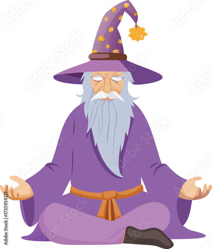 A wizard in lotus position, hands crossed, exuding calm and wisdom in a mystical setting.