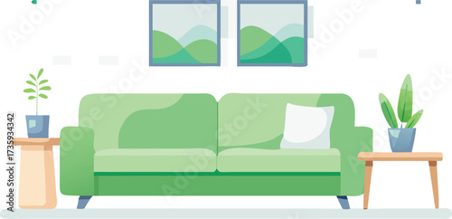 A green couch and two chairs are arranged in front of a wall, creating a cozy seating area.