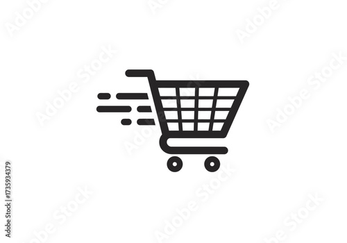 A black icon of a speeding shopping cart with motion lines, symbolizing fast online shopping, e-commerce, and quick delivery.
