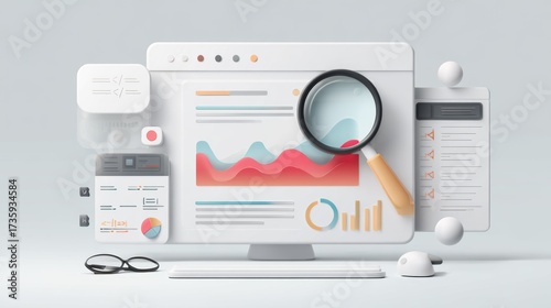 Modern 3D Render: Data Analysis, Business Intelligence, Website Analytics, Magnifying Glass, Charts, Graphs, Minimalist Style, Clean Design, Professional Mood.