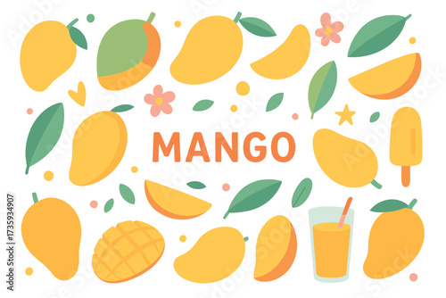 Colorful mango pattern with leaves, flowers, and juice elements