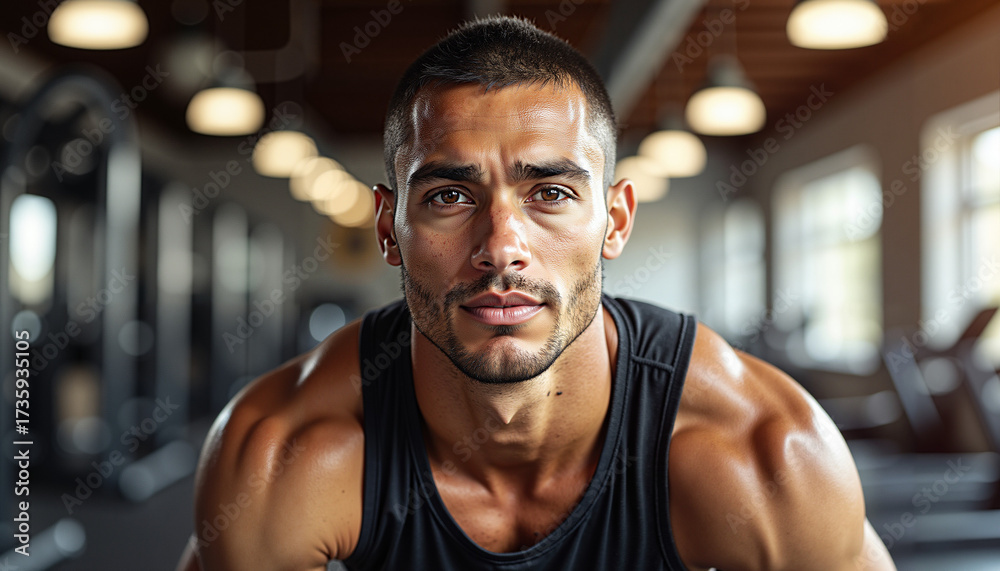 Fototapeta premium Young man exercising and looking at the camera in gym 