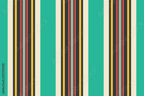 Retro striped pattern with bold, vertical lines in teal, cream, gold, and dark blue. A seamless design evoking vintage style, perfect for textiles, backgrounds, or graphic design.
