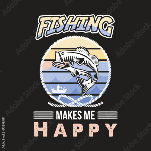 Fishing Makes Me Happy Retro Style Emblem