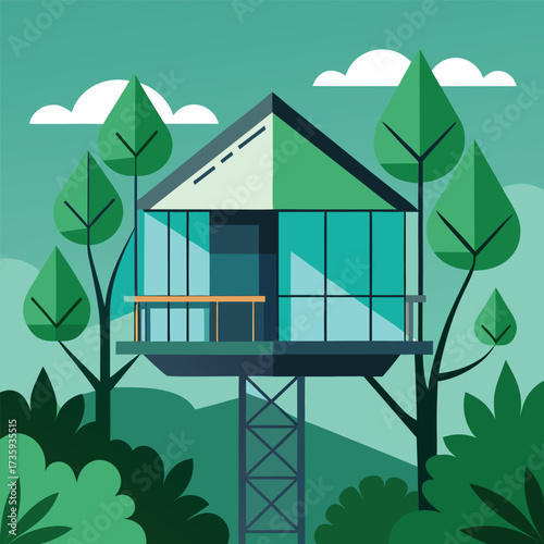 A cozy tree house surrounded by vibrant trees, set against a bright sky in a serene forest.