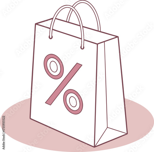 Shopping bag graphic with a percentage sign, indicating a sale or discount on products.