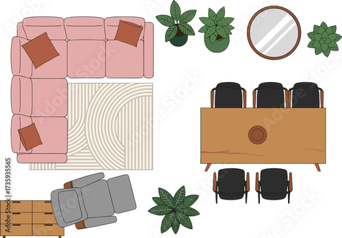 Modern living room interior, sectional sofa, dining table with chairs, indoor plants, stylish furniture arrangement, cozy home decor, contemporary design layout