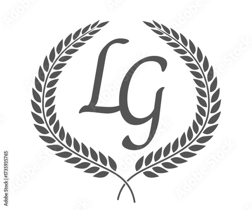 Initial letter L and G, LG monogram logo design with laurel wreath. Luxury calligraphy font.