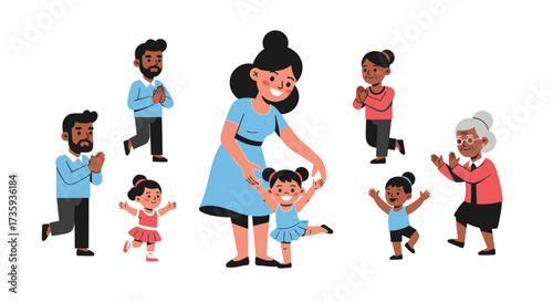 Foto Cartoon Family Celebrating Together Mother Helping Daughter Walk.
