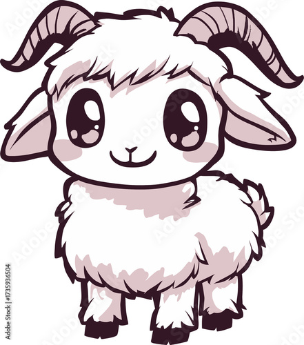 Cute goat with big eyes and fluffy fur standing on transparent background. Adorable farm animal character for children's design.