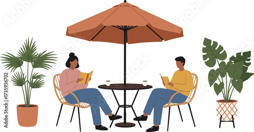 Outdoor reading illustration, people sitting at table, patio umbrella, wicker chairs, potted plants, leisure lifestyle, garden relaxation, cozy social scene