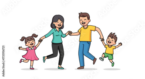 Bilde på lerret Happy Cartoon Family of Four Holding Hands and Dancing Joyfully.