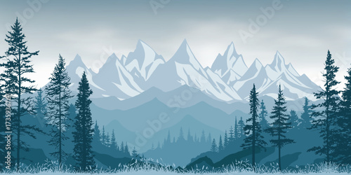Mountain landscape, wild coniferous forest, misty silhouettes of ridges, vector illustration