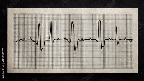 Clinical and precise medical graphic displays a clear, realistic electrocardiogram readout on graph paper. It shows a steady normal sinus rhythm with sharp and clean lines.