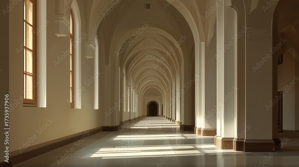 Fototapeta premium Elegant Corridor with Arched Ceilings and Sunlight