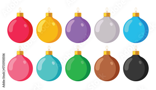 Set of colorful Christmas baubles in assorted plain colors on white background.