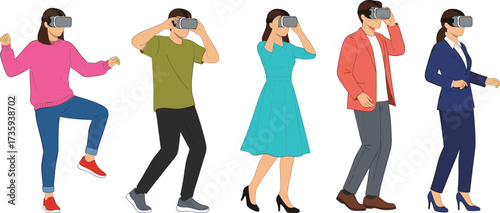 Virtual reality people illustration, VR headset users, immersive technology, digital lifestyle, modern innovation, interactive experience, diverse group, future tech concept