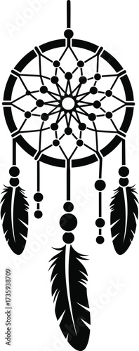 Black Silhouette of a Dreamcatcher with Three Feathers native american symbol