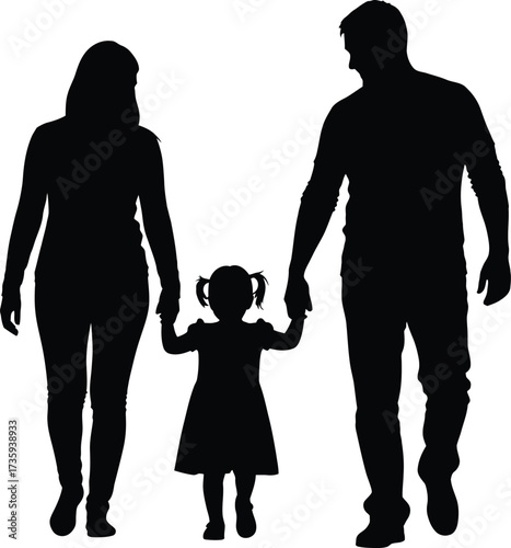 Black Silhouette of a Family Walking Hand-in- Hand on White Background parents child
