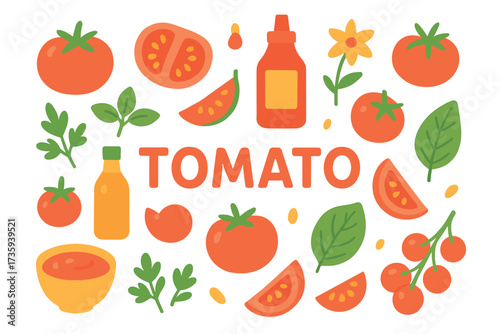 Colorful variety of tomato illustrations with leaves and sauce bottles in flat design