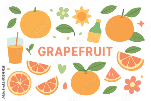 Colorful grapefruit pattern with citrus fruits and leaves on white background